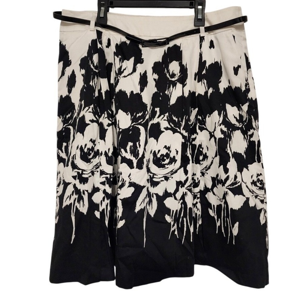 Christopher & Banks Womens Floral A-Line Skirt Black White Belted Size 12